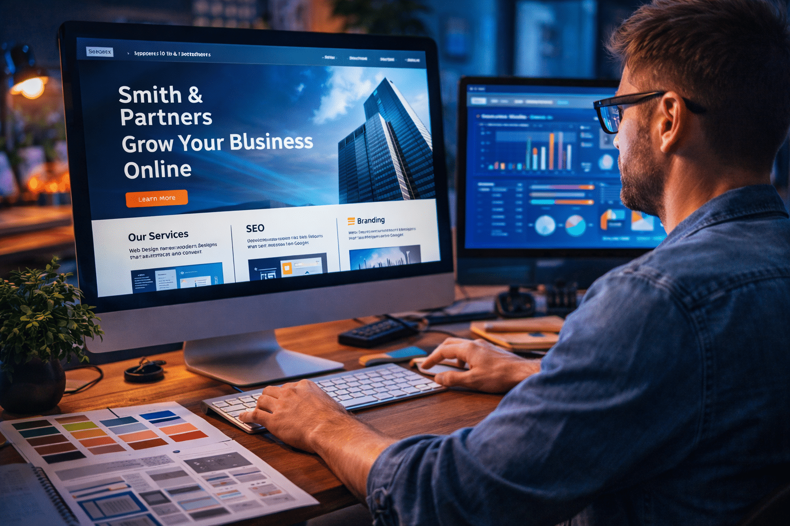 graphiste créant un site internet professionnel sur ordinateur dans un studio de design