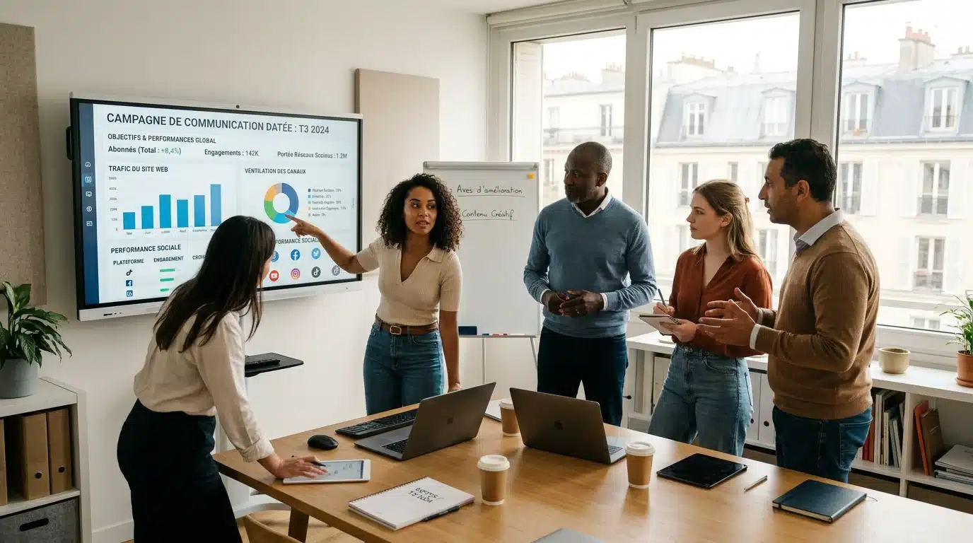 Équipe marketing analysant un plan de communication digitale sur un écran