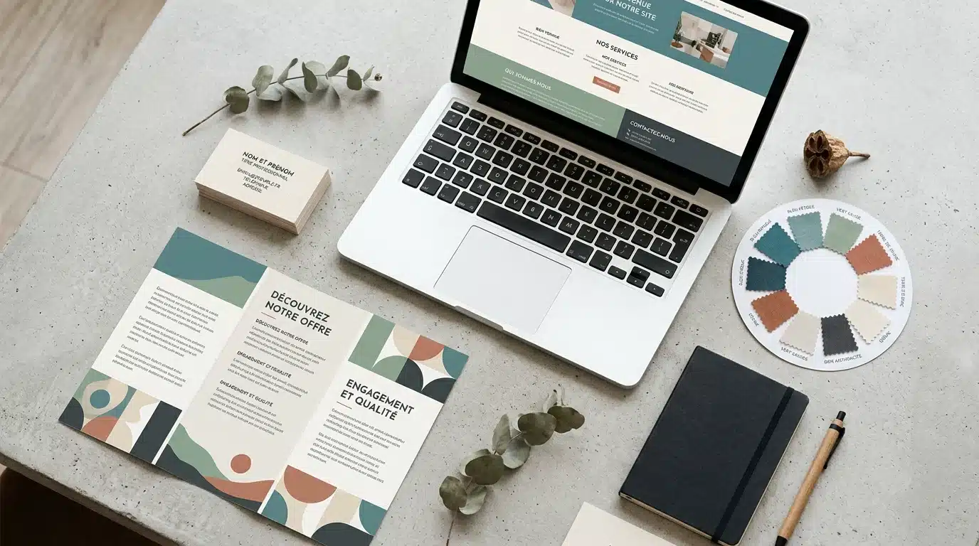 Supports de marque cohérents entre print et digital posés sur un bureau